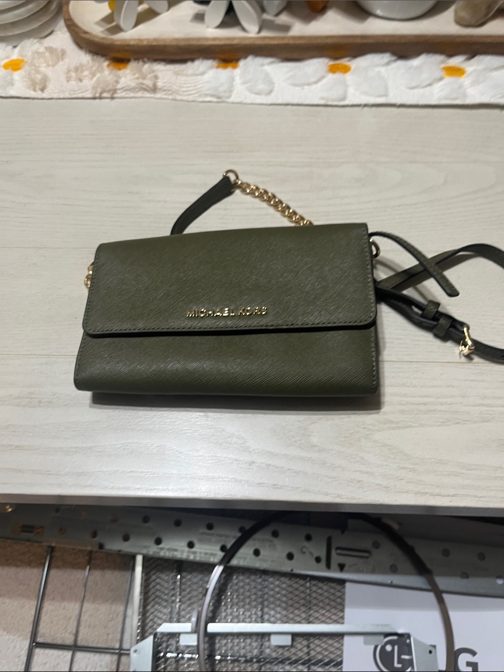Michael Kors Olive Crossbody Wallet with Gold Hardware